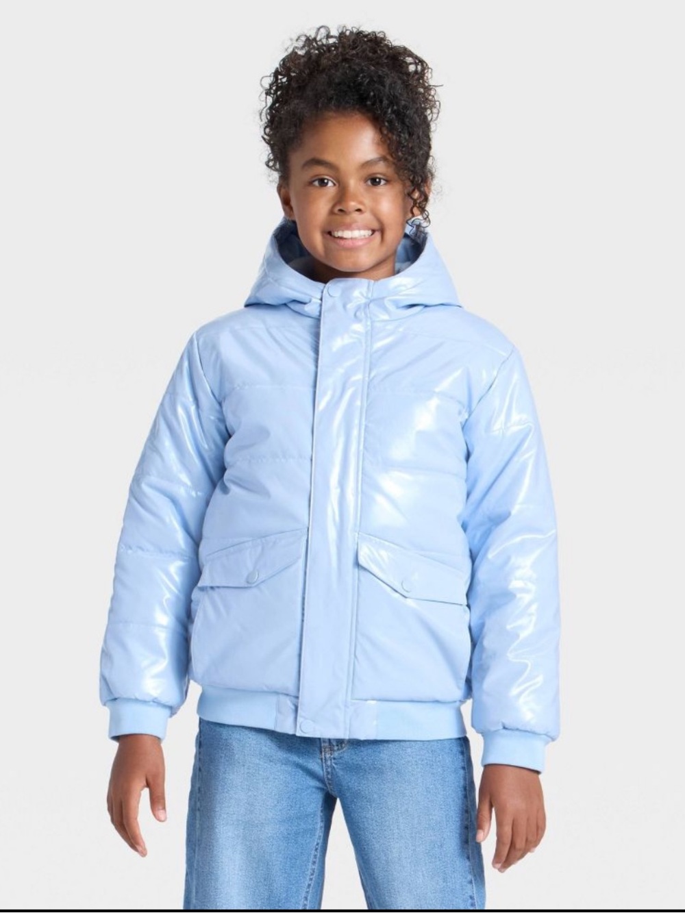 Cat & Jack Girls Metallic Hooded Puffer Jacket -  Blue Size Large (10/12) NWT